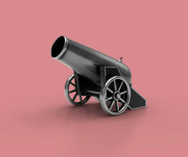 Photo of Ancient cannon. 3d Illustration of vintage cannon on a pink background. Medieval weapons for your design