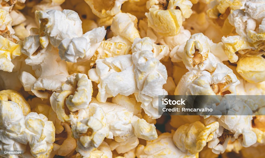 Pipoca, Popcorn, Snack, Food. Buttered popcorn in macro photography. Macrophotography Stock Photo
