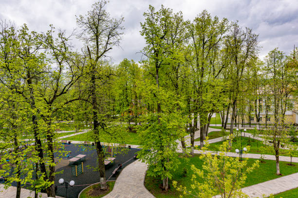 istock Spring park with stone walkways and benches 1246470347
