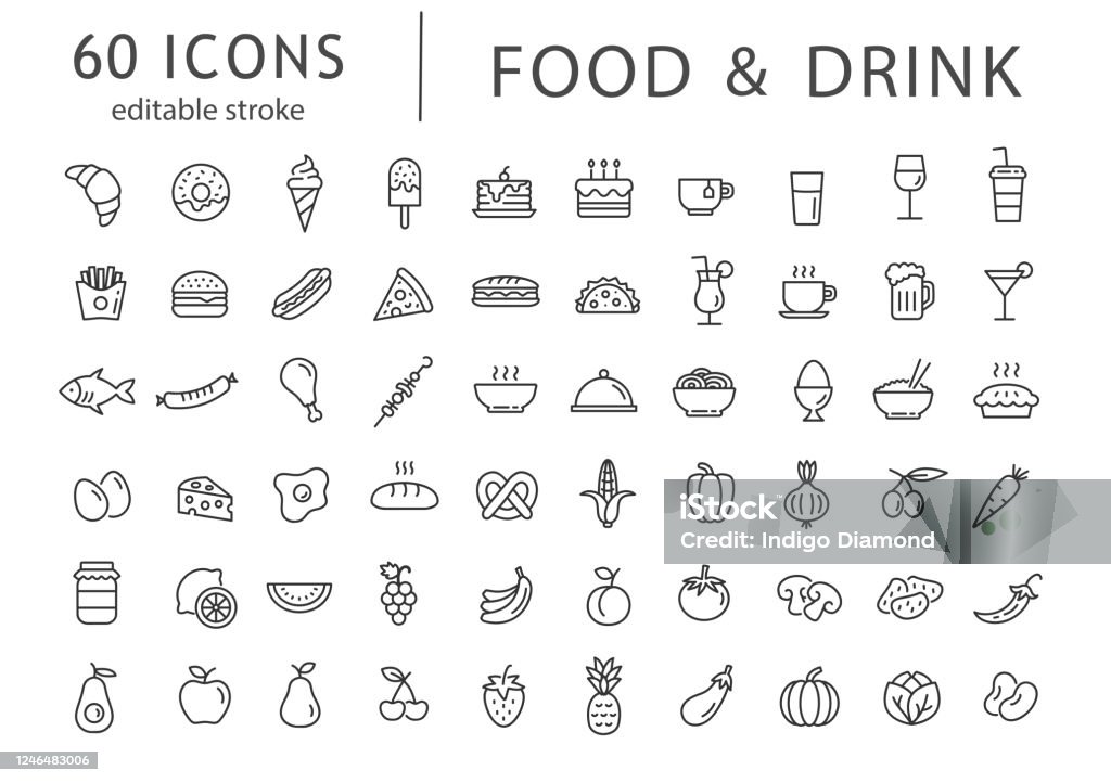 Comida y bebida - icono de línea establecido con trazo editable. Colección de esquemas de 60 símbolos. Iconos del menú del restaurante. Ilustración vectorial. - arte vectorial de Ícono libre de derechos Comida y bebida - icono de línea establecido con trazo editable. Colección de esquemas de 60 símbolos. Iconos del menú del restaurante. Ilustración vectorial. - arte vectorial de Ícono libre de derechos
