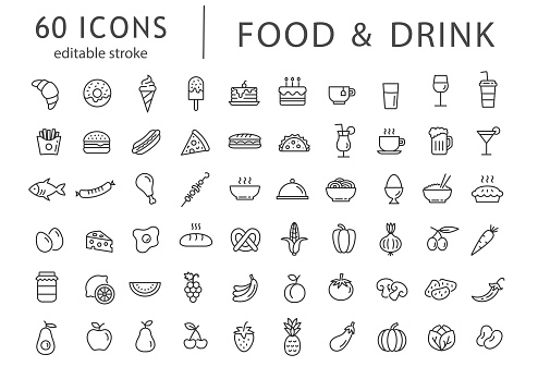 Food and drink - line icon set with editable stroke.