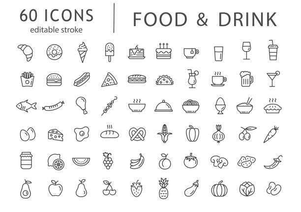 Food and drink - line icon set with editable stroke. Outline collection of 60 symbols. Restaurant menu icons. Vector illustration. Food and drink - line icon set with editable stroke. vegetable stock illustrations