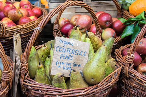 Pears, apples and other fruits at Borough Market in London.