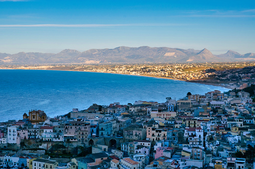 Beautiful best view Castellammare del Golfo town (Gulf of Castellammare) on Mediterranean Sea, Trapany, Sicily, Italy. Summer sunny panorama in the morning