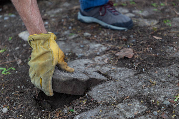 istock Man lifting a dirty patio stone 1246484977