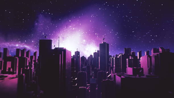 istock Retro futuristic city flythrough background. 80s sci-fi landscape in space 1246495201