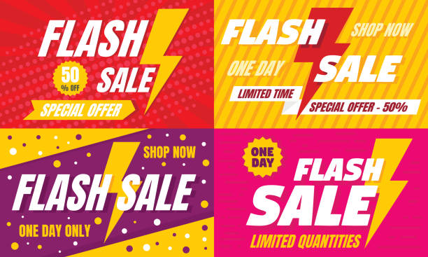 ilustraciones, imágenes clip art, dibujos animados e iconos de stock de conjunto de banners de venta flash, estilo plano - stock exchange flash