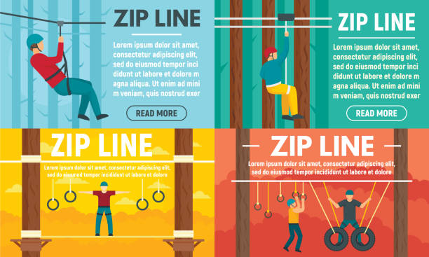 Zip line banner set, flat style Zip line banner set. Flat illustration of zip line vector banner set for web design zip line stock illustrations