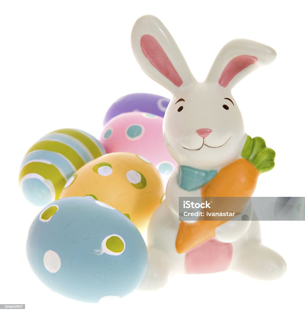 Easter Bunny with Colorful Eggs  Easter Basket Stock Photo