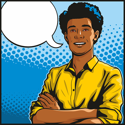 Pop art illustration of a handsome young African American man standing with his arms folded. With empty speech bubble for your text.