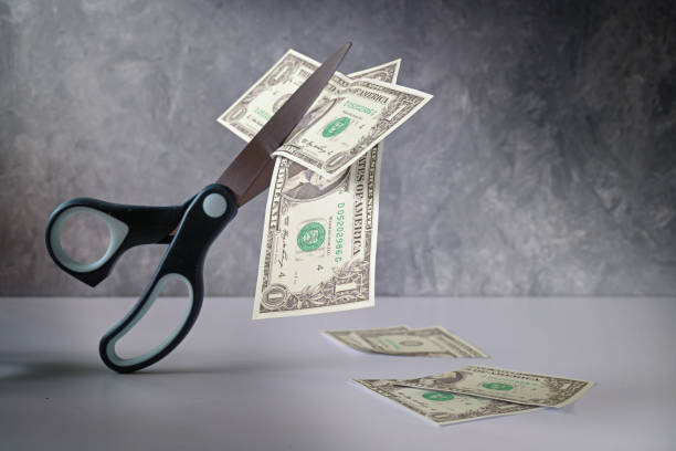 istock Business concept, one Dollar banknote is cut with scissors, metaphor for income reduction during coronavirus crisis, gray background, copy space, selected focus, narrow depth of field 1246548079