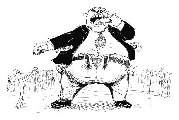 Vector Cartoon Illustration of Fat Rich Man, Businessman or Capitalist Eating the Food of Small Poor People Around. Vector cartoon drawing conceptual illustration of fat rich man, businessman or capitalist in suit and money in pockets is eating food of crowd poor small people around. Concept of corporate greed and social inequality. greedy stock illustrations