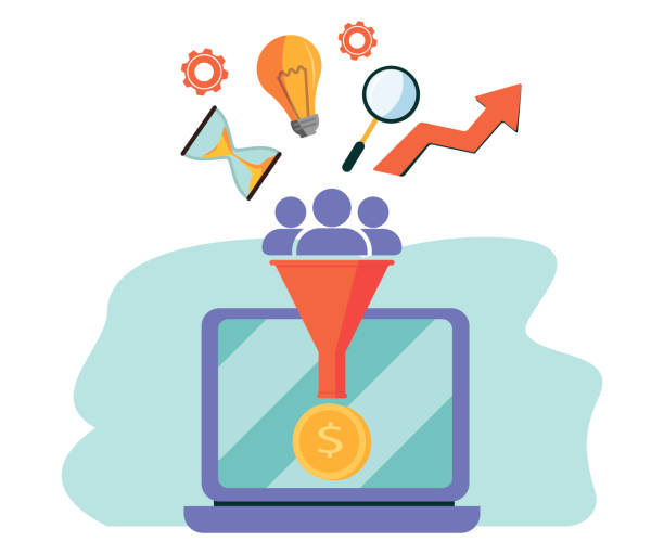 business trichter, umwandlung, marketing, digitaler vertrieb trichter flat line vektor mit marketing-icons isoliert auf blauem hintergrund - conversion funnel stock-grafiken, -clipart, -cartoons und -symbole