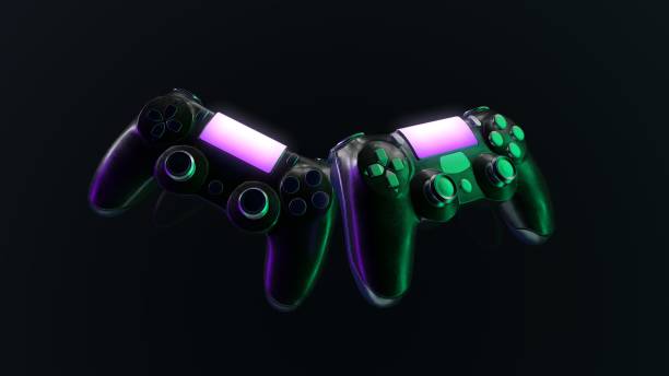 istock Two neon gamepads. Modern console controller 3d illustration. violet and green 1246589858