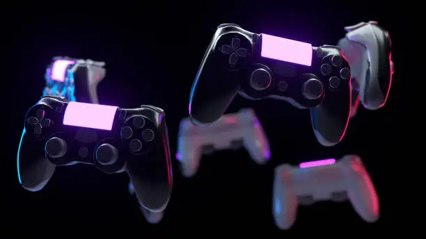 Many console gamepads on black background. Game controller with neon lights. 3d illustration