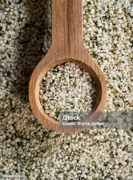 Hemp Seeds With Wooden Spoon Stock Photo - Download Image Now - Directly Above, Equipment, Food