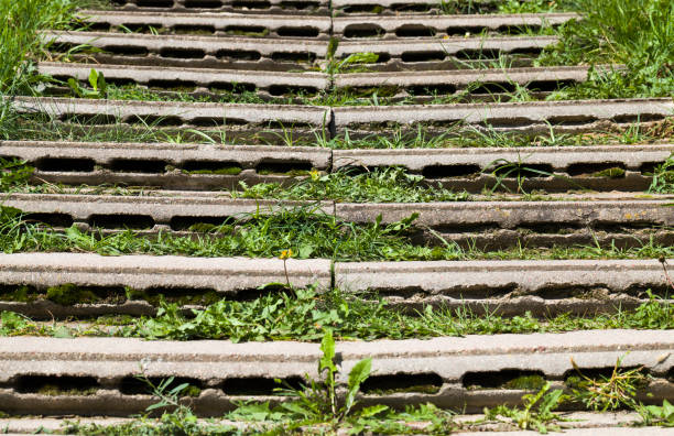 homemade stairs made of concrete slabs with hollow inside, closeup, green grass grows between the slabs