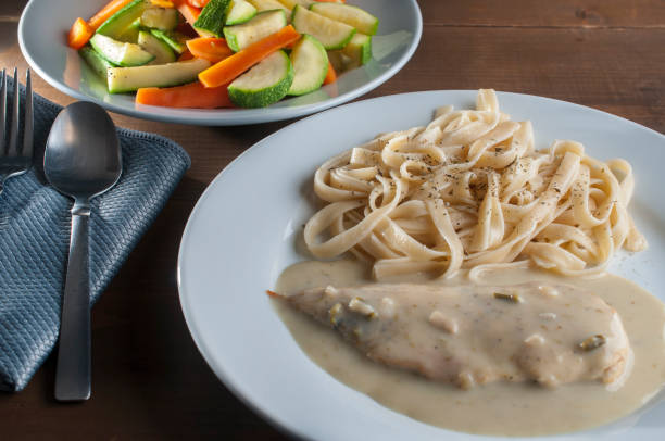 istock Fettuccini and vegetables with chicken breast and mushroom cream 1246610055