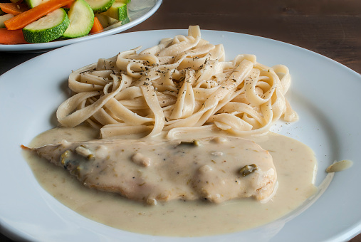 fettuccini and chicken breast with asparagus cream on top, on a white plate with cutlery and a dish of vegetables on the side