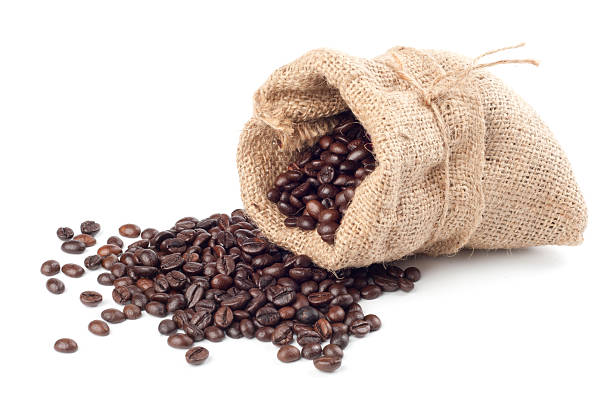 istock Coffee beans in canvas sack on white background 124661351