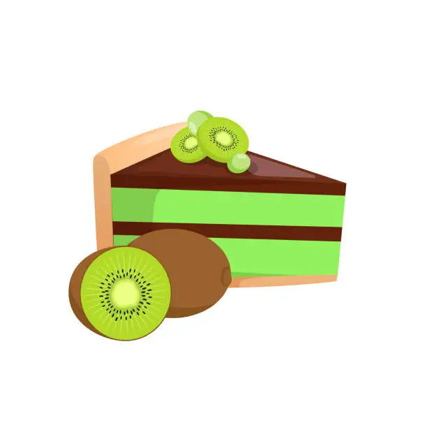 Vector illustration of Piece of cake and kiwi isolated on white.