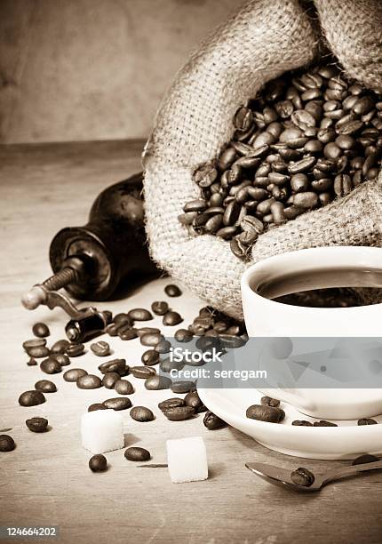 Cup Of Coffee And Grinder Stock Photo - Download Image Now - Black And White, Black Color, Brown