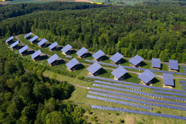 istock Aerial View of Rotary Solar Panels 1246651565