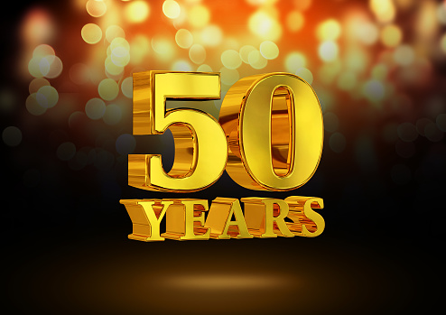Anniversary 50 years gold 3D isolated on an elegant bokeh background. 3D rendering