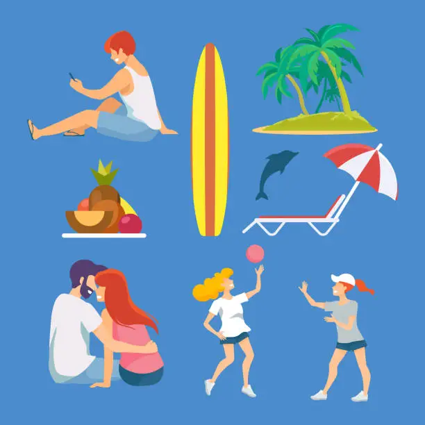 Vector illustration of Set of pastime on the seashore. Summer vacation fun. Summertime fun. Adventure travel.
