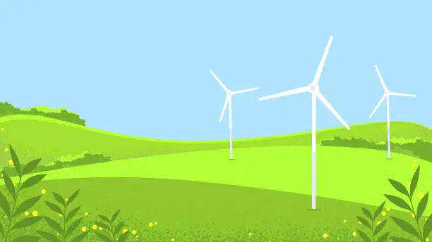 Vector illustration of Landscape sunny meadow, green hills, agricultural pastures. Environmental protection, green energy, windmill in the field.