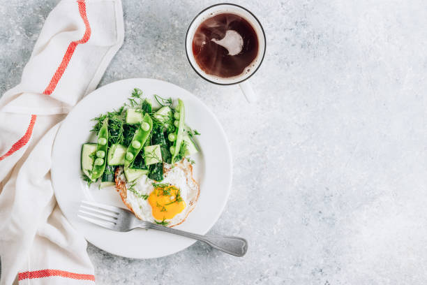 istock Healthy breakfast with eggs and cucumber salad with coffee on light gray background. Flat lay. Minimal concept 1246668944