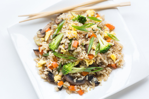 Vegetable Fried Rice with carrots, broccoli, mushrooms and green onions.