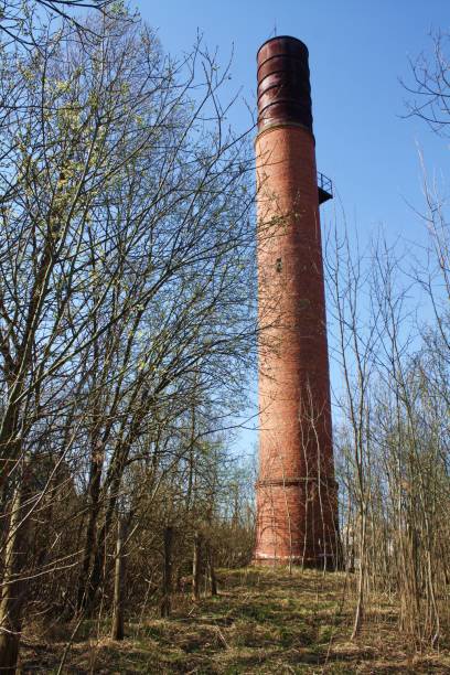 istock Old brick tower lighthouse from Chernobyl among dry trees. Stalker entry into the exclusion zone, an abandoned city, ruins and a radio zone. Observation tower in a dry autumn forest. 1246689310