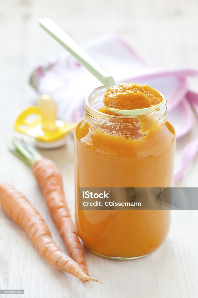 baby food in a glass fresh baby food in a glass with spoon and carrots Baby Food Stock Photo