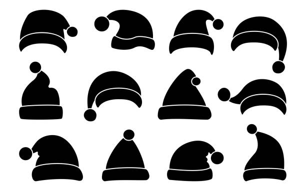 santa clause kapelusz czarny glif płaski zestaw sylwetki - propeller beanie stock illustrations