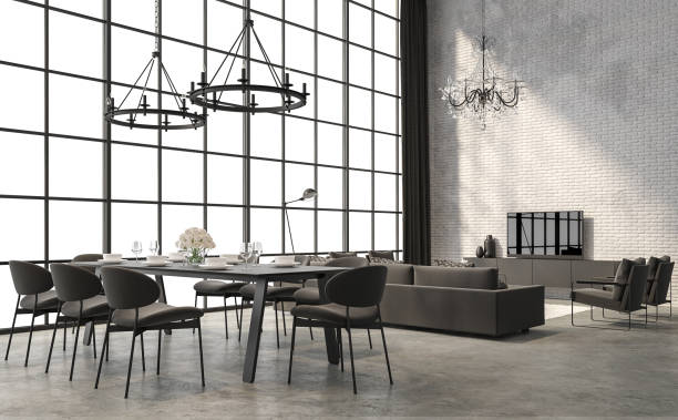 istock Industrial loft style dining and living room interior 3d render 1246710918