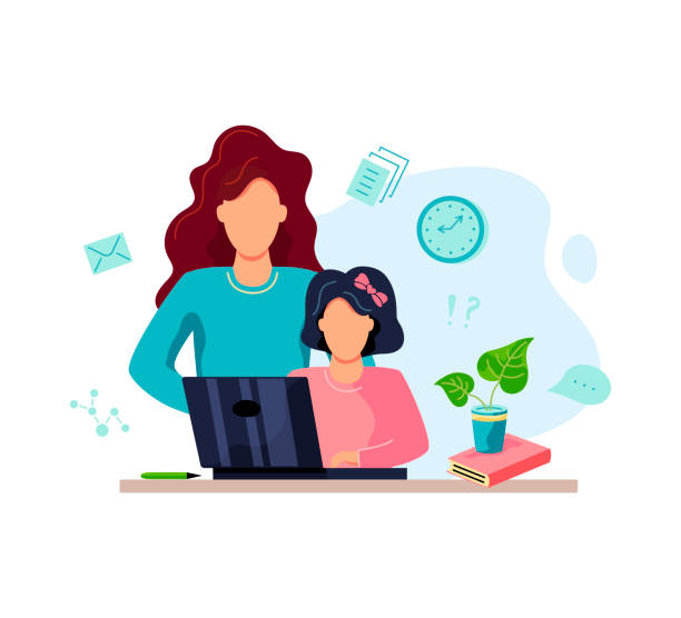 ilustraciones, imágenes clip art, dibujos animados e iconos de stock de mamá está ayudando al estudiante a hacer la tarea. - child technology education computer