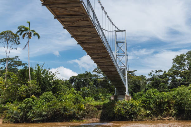 istock bridge over the river in the amazon, metal structure, large bridges. Ecuador 1246741175
