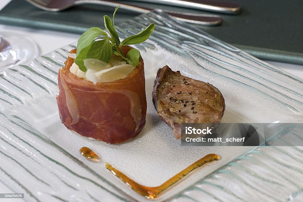 Squab Breast Breast of sqaub with risotto in proscuitto Meal Stock Photo
