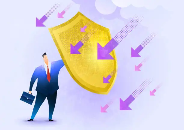 Vector illustration of A businessman holding a shield to protect himself from falling arrows. Risk averse, financial safety, and business insurance. Conceptual vector illustration.