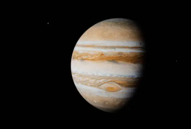 Realistic high resolution render of the largest planet in our solar system, Jupiter with two visible moons.

Planet map taken from Solar System Scope: 
https://www.solarsystemscope.com/textures/

Tools and software used: Blender 2.8