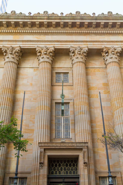 Architectural detail of marble steps and ionic order columns