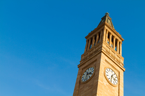 Clock tower of Brisbane City Hall at sunset, Queensland, Australia.