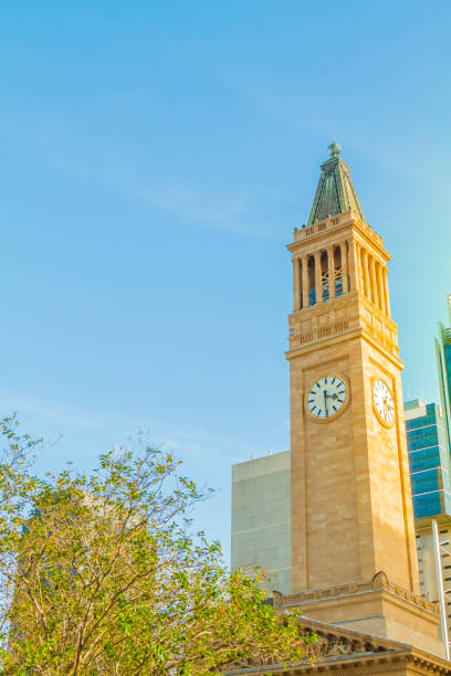 Clock tower of Brisbane City Hall at sunset, Queensland, Australia.