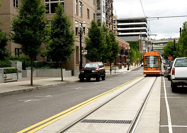 Trolley car in a city street