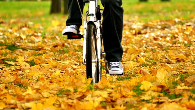 Man   go with Bicycle in autumn Central  park.Feets.