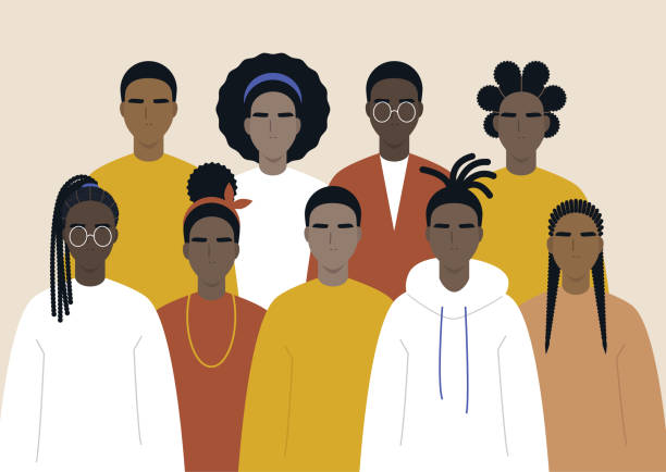 schwarze gemeinschaft, afrikanische menschen versammelt, eine reihe von männlichen und weiblichen charakteren tragen lässige kleidung und verschiedene frisuren - afro stock-grafiken, -clipart, -cartoons und -symbole