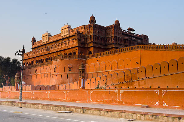 View of a covered courtyard or gallery at the Amber Fort, located in Jaipur city, Rajasthan, India.\nJaipur city is the state capital, has more than three million inhabitants, and is a UNESCO World Heritage Site.