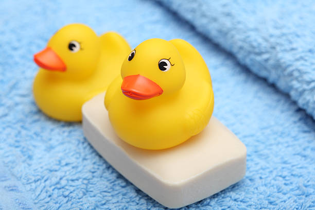 istock Rubber Ducks on the soft towel and soap 124683884