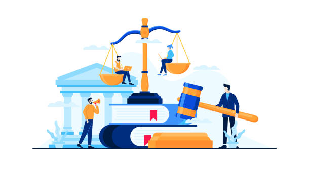 illustrazioni stock, clip art, cartoni animati e icone di tendenza di legge e giustizia conoscenza illustrazione vettoriale concetto flat design - judge gavel law justice